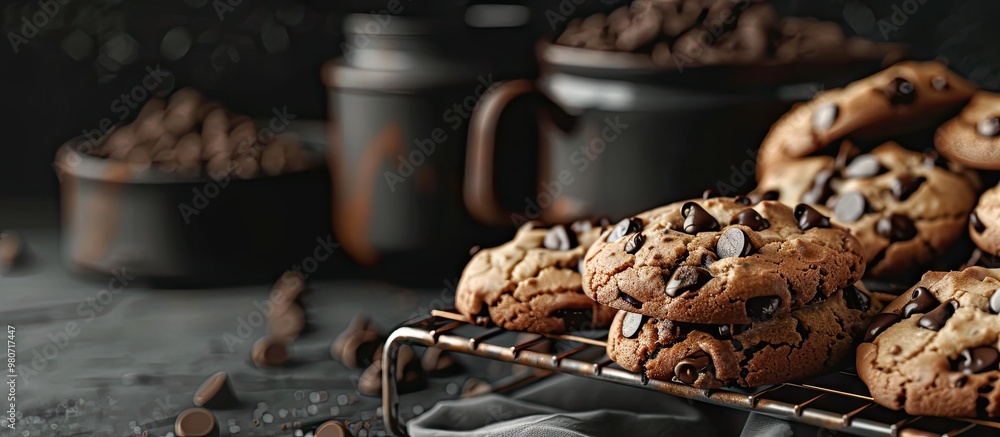 Poster chocolate chip cookies displayed on a rack with a chocolate pot in the copy space image