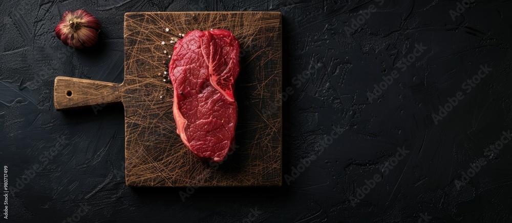 Poster top view of a raw venison steak on a butcher board against a dark background with ample copy space i
