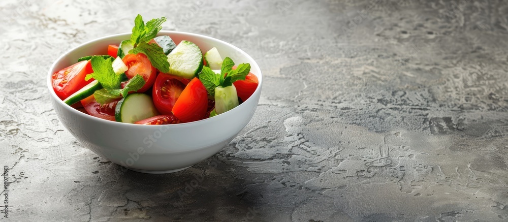 Wall mural fresh vegetable salad with tomato and cucumber in a bowl on a grey background creating a simple and 