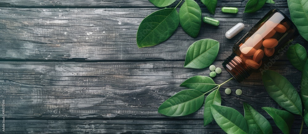 Poster top view of a bottle with pills and green leaves on a wooden background with empty space for more im