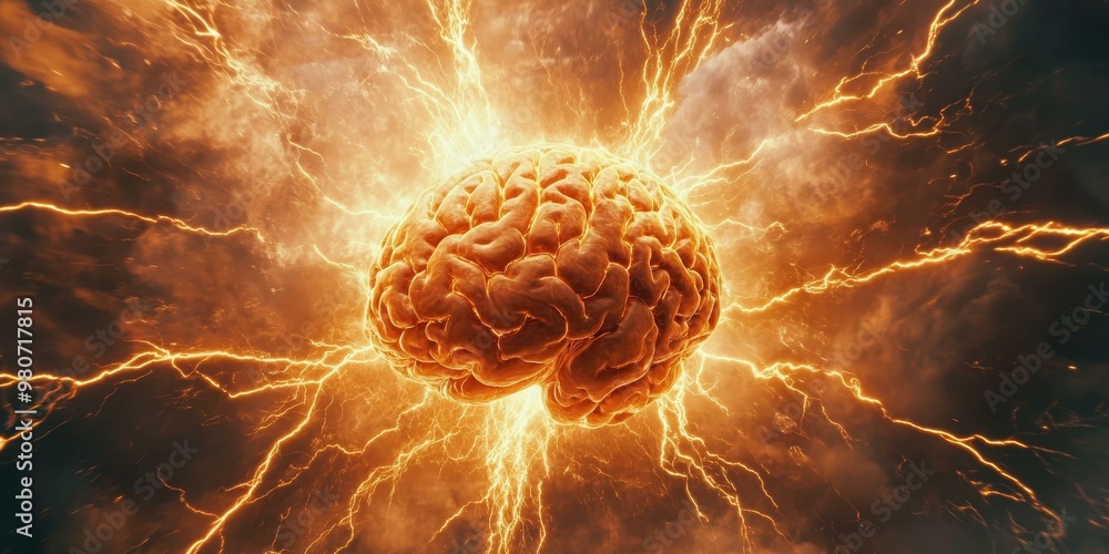 Poster a fiery brain with lightning striking from it.