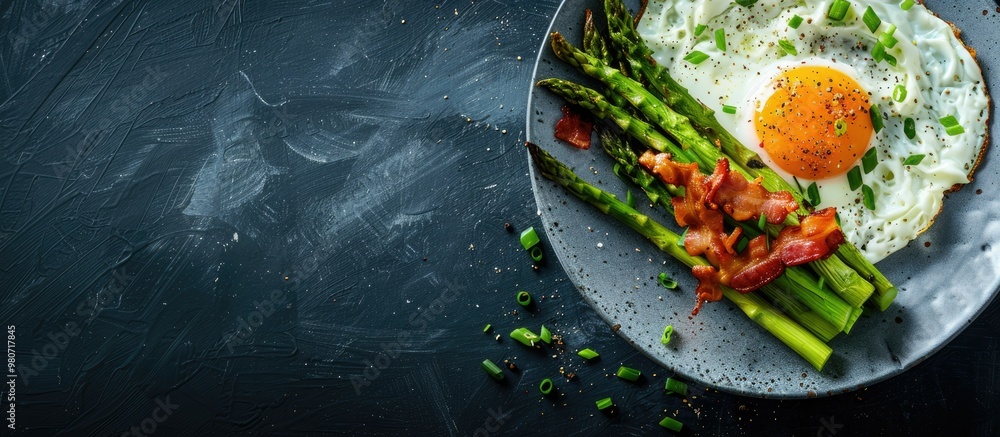 Poster plate with grilled asparagus topped with bacon and egg sauce in a flat lay setting with copy space i