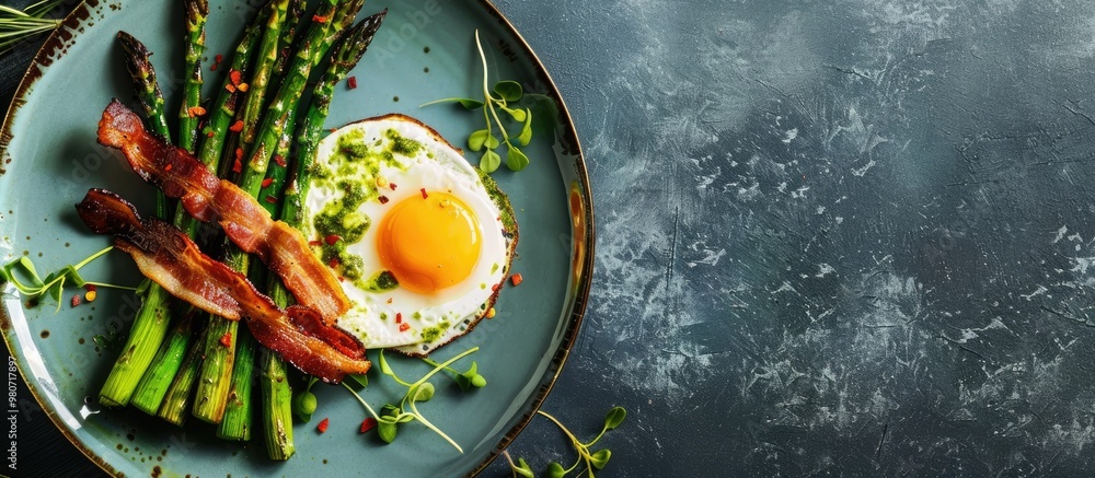 Poster plate with grilled asparagus topped with bacon and egg sauce in a flat lay setting with copy space i