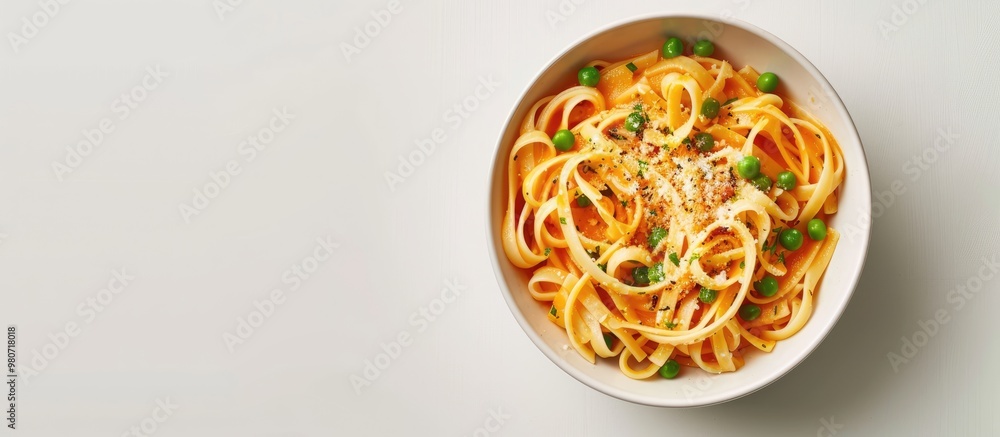 Poster a bowl of tasty pasta with cheese and green peas viewed from the top on a white surface allowing roo