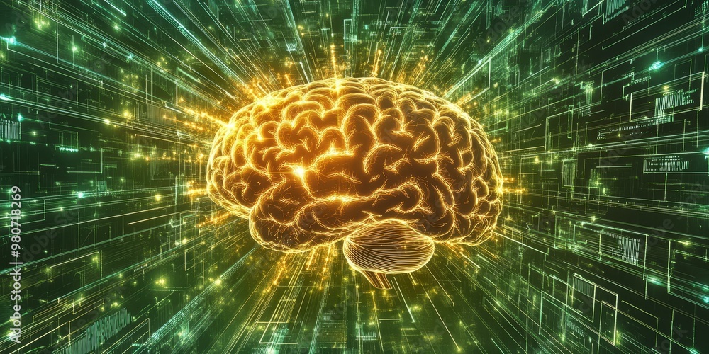 Poster glowing brain in digital circuit network.