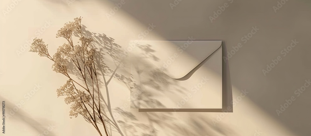 Poster top view of blank envelope and paper with a flower design on a beige background ideal for adding tex