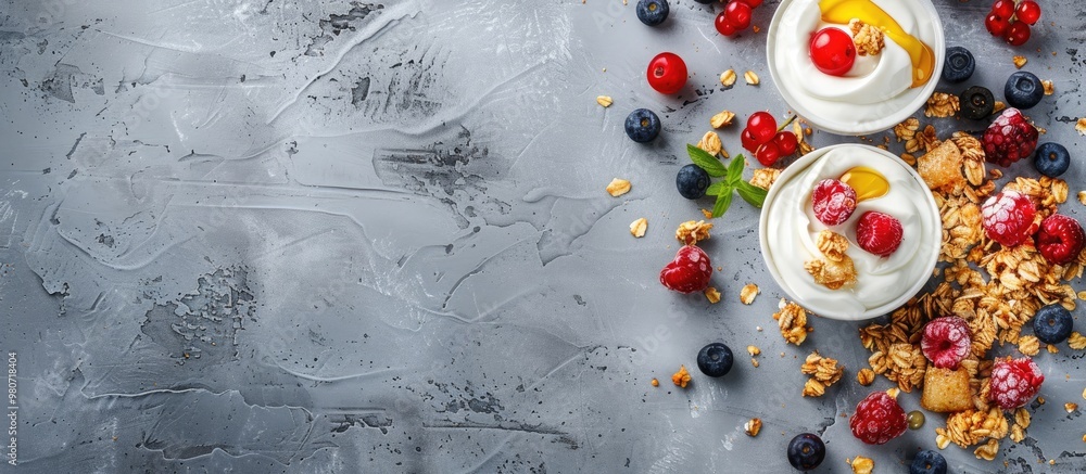 Poster delicious granola with berries yogurt and honey on a textured grey surface shot from above with room