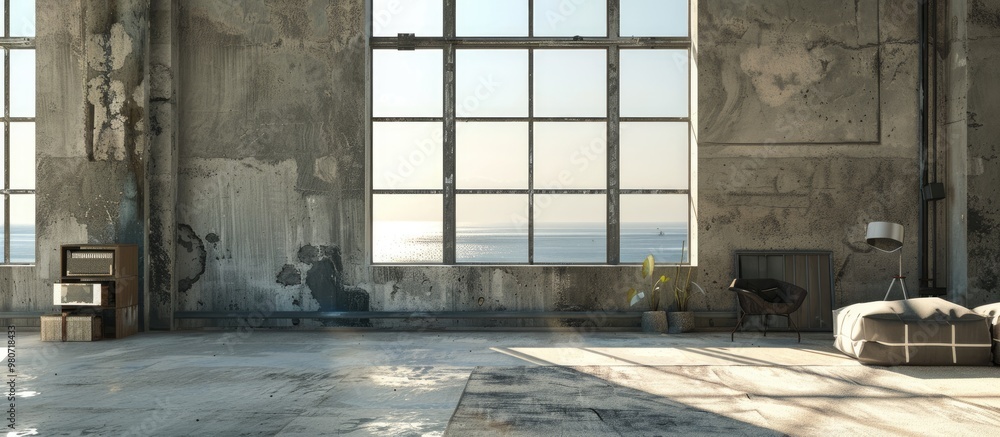 Poster indoor space photographed with a large open window that lacks glass showing rough concrete edges ind