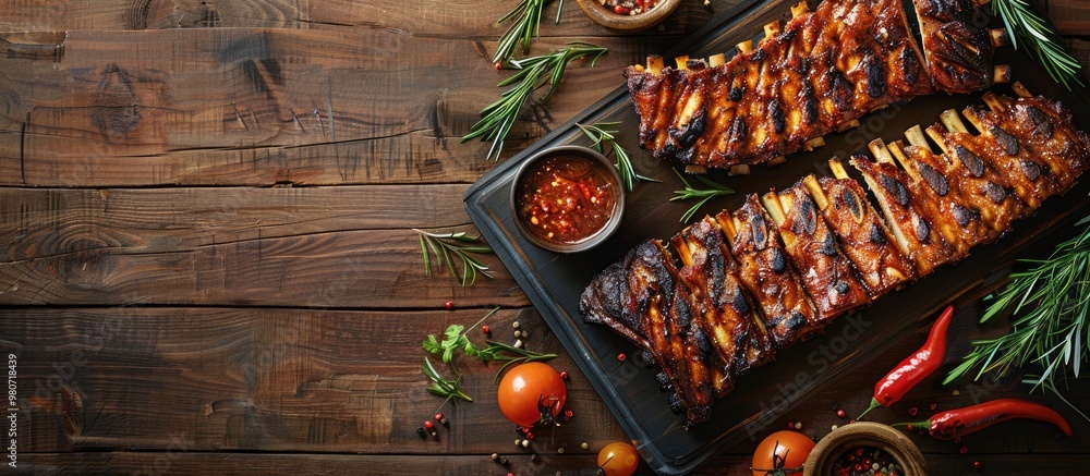 Poster delicious grilled pork ribs displayed on a rustic table with copy space image offering a fresh and a