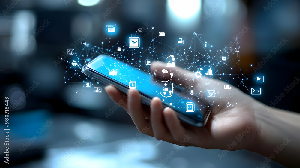 Poster a hand holding a smartphone with a network of digital icons and lines surrounding it
