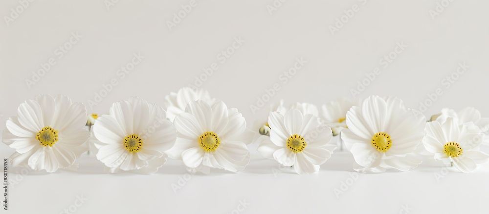 Aufkleber fresh and beautiful white flowers with yellow centers elegantly aligned in a row on a white backdrop