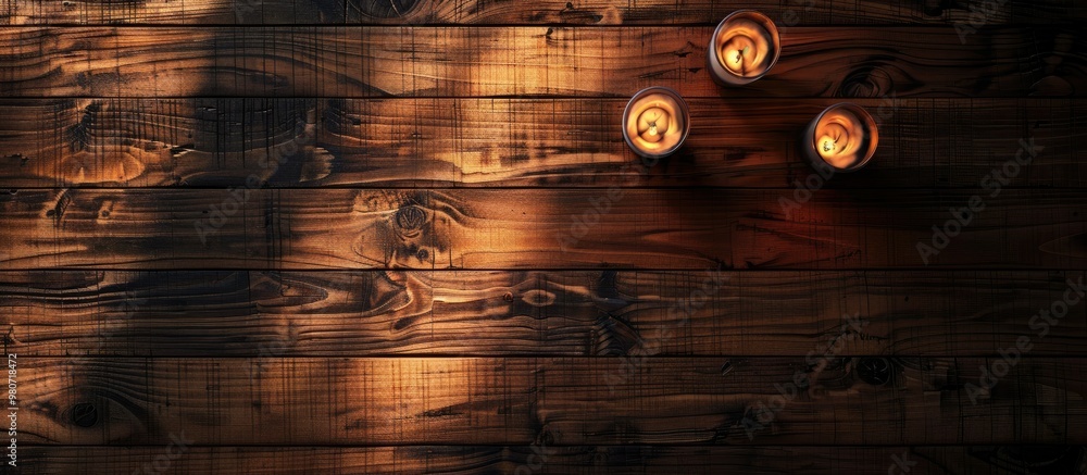 Poster an aerial perspective of a warm inviting wooden table with ample copy space image