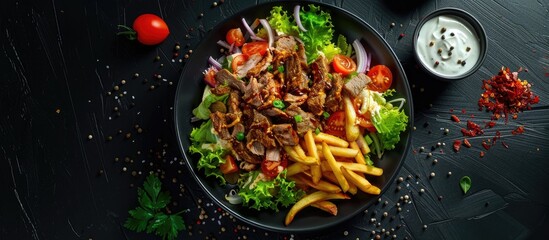 Top view of a durum doner kebab or shawarma platter with meat vegetable salad and french fries on a black background providing ample copy space image