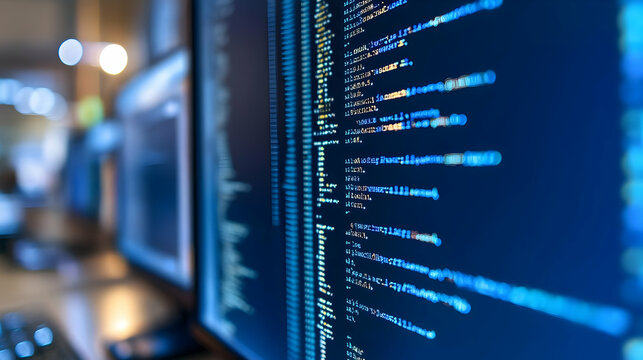 Close-up View of a Computer Screen Displaying Lines of Code in a Dark Blue Background with Blurry Lights in the Foreground, Representing a Conceptual Image of Software Development and Programming.