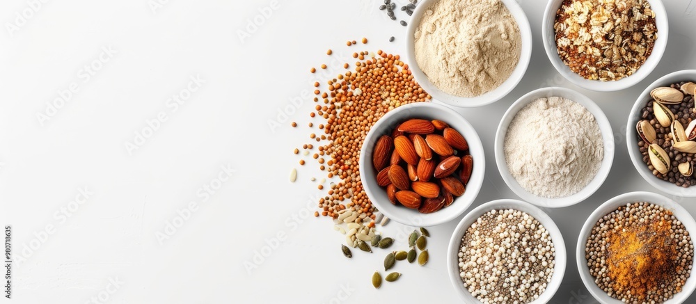 Poster top view of various protein powders in bowls adorned with nuts and seeds on a white background with 