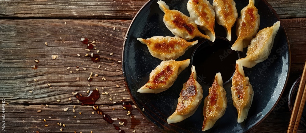 Aufkleber selective focus on a snack of gyoza or dumplings with soy sauce creating a visually appealing copy s