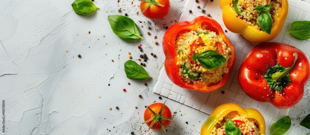 Poster close up shot of quinoa stuffed bell peppers basil and tomatoes on a white tiled surface with room f