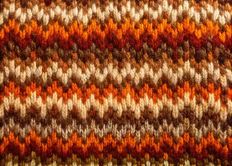 Vibrant multicolor knitted wool fabric with earthy tones of brown, beige, and orange, showcasing a textured, handmade, and cozy Autumn-inspired background with intricate patterns.
