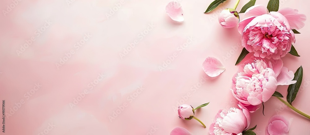 Poster pink peony flowers creatively arranged on a soft pastel backdrop with copy space image available all