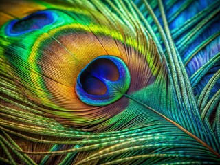 Obraz premium Vibrant iridescent blues and greens dance across the intricate texture of a peacock feather, creating a stunning abstract background of exotic natural beauty.
