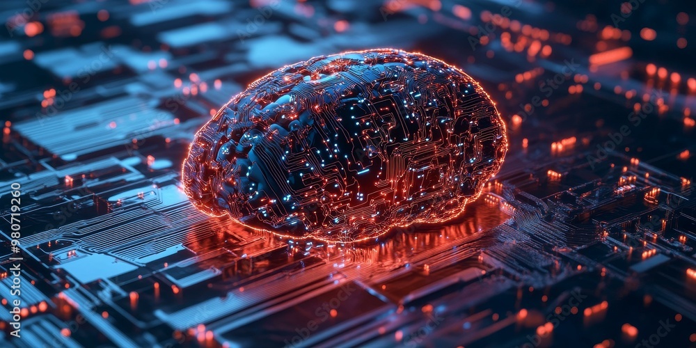 Poster circuit board brain with glowing red lines.