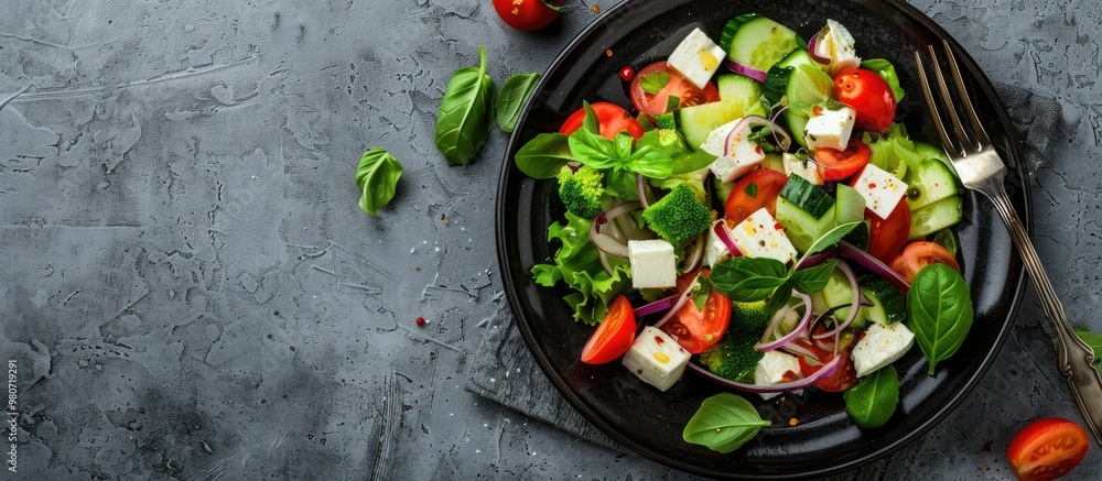 Aufkleber fresh vegetable and cheese salad on a gray background with a fork and copy space image