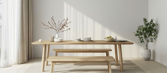 Elegant dining set with Scandinavian design featuring light wood table and bench creating a welcoming ambiance with clean lines and functional style perfect for a copy space image
