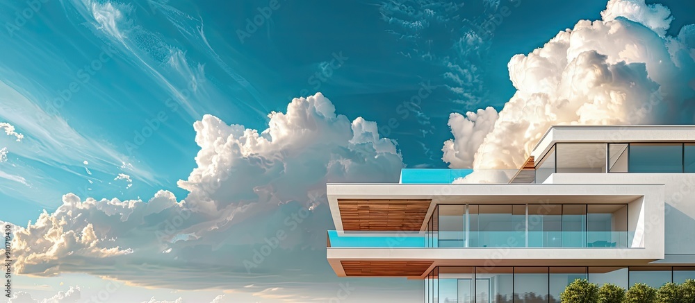 Poster a modern home with architectural elements framed against a backdrop of altocumulus clouds large shee