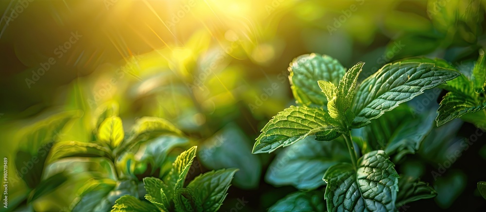 Poster close up of vibrant fresh mint in colorful backlight with ample copy space image