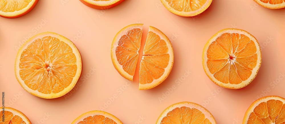 Poster fresh orange slices arranged in a fruit pattern atop a colored background with copy space image crea