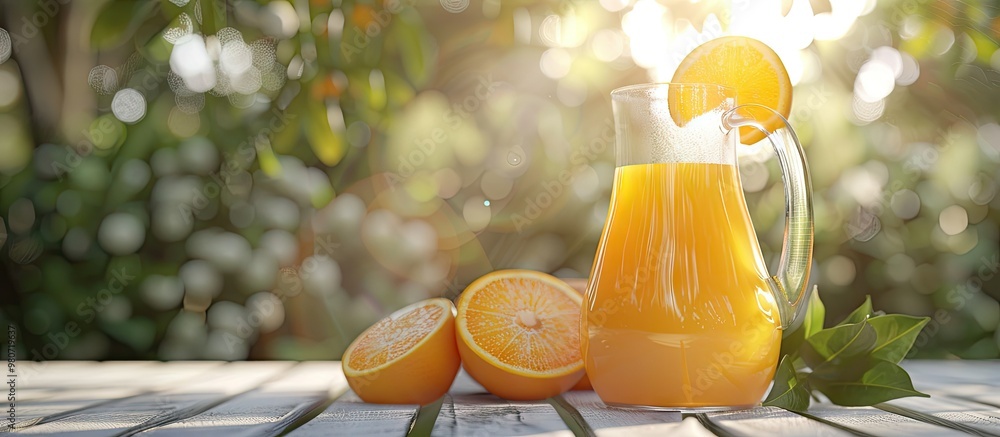 Poster a clear glass jug of freshly squeezed orange juice placed on a white wooden table outside with room 