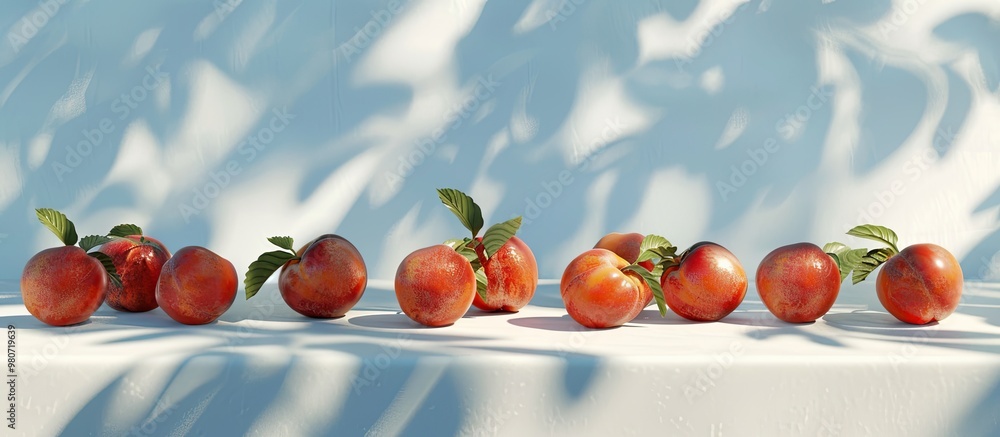 Poster a serene setting of nectarines on a white table with faint tree outlines and a blue sky in the backd