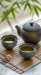 Fototapeta premium Asian Tea Set, iron teapot and ceramic teacups with green tea