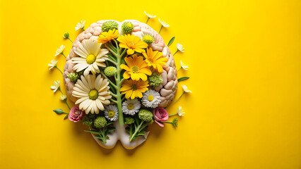 Artificial human brain with flowers on yellow background. Creative concept.
World Mental Health Day concept.