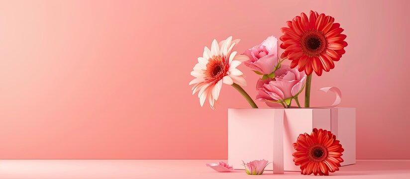 International Women s Day themed gift boxes featuring lovely rose and gerbera flowers on a pink backdrop with copy space image