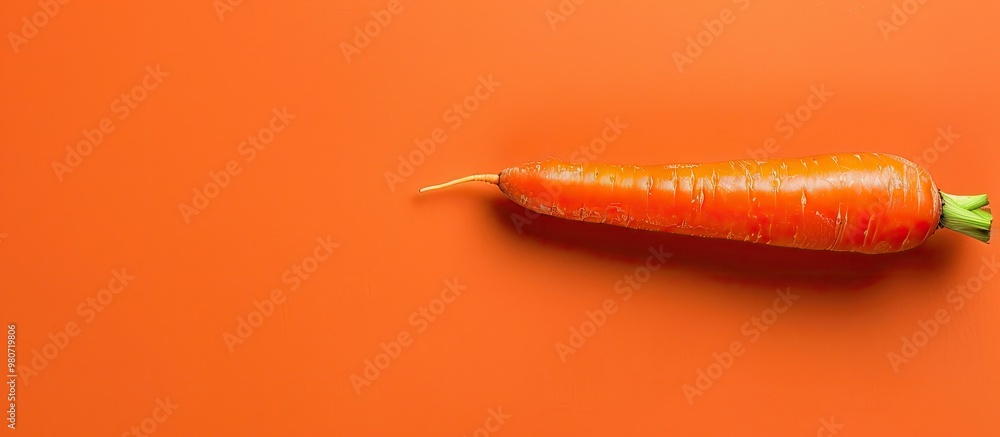 Poster flat lay arrangement of a fresh carrot being peeled with a vegetable peeler set against an orange ba