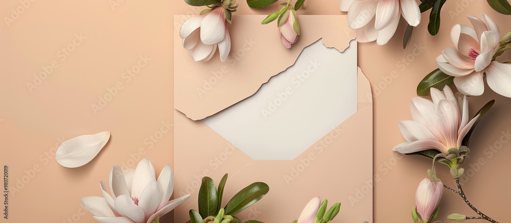 Poster top view of blank envelope and paper with a flower design on a beige background ideal for adding tex