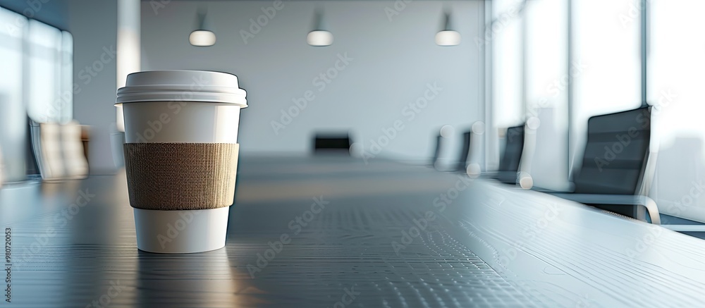 Aufkleber closeup of a coffee cup on a table in an empty corporate conference room with a blank background sui