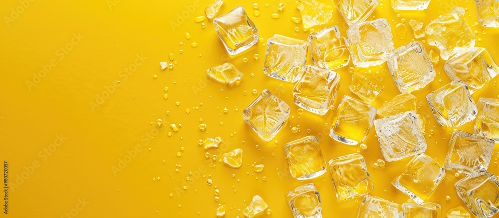 Poster yellow background with crystal clear ice cubes in a flat lay composition leaving room for text in a 