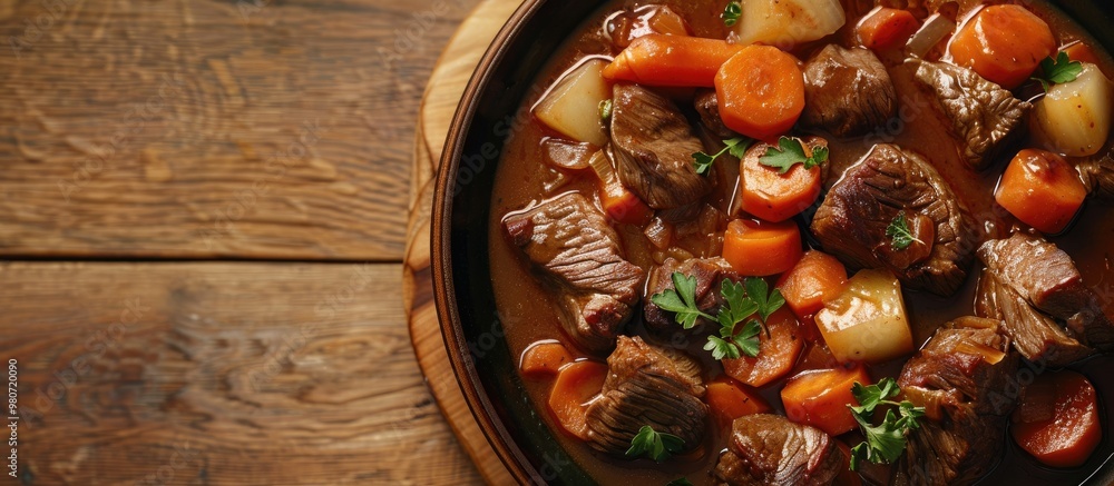 Poster close up view of a plate showing beef stew with vegetables featuring ample copy space image