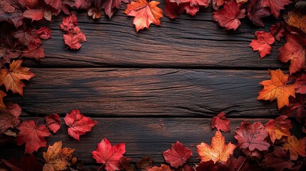 Obraz premium Autumn maple leaves over old wooden background with copy space 