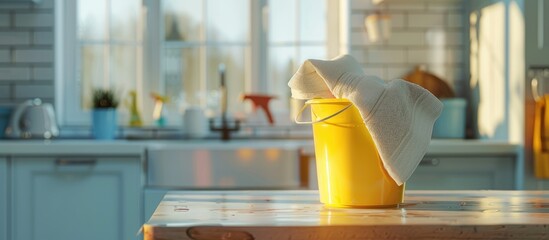 Cleaning service concept with a bucket of supplies set on a kitchen table providing an elegant copy space image