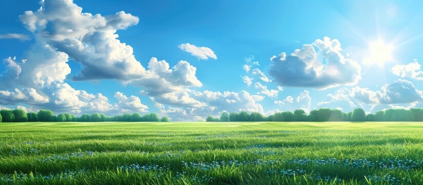A picturesque scene with blue sky white clouds and a lush green field with plenty of copy space image