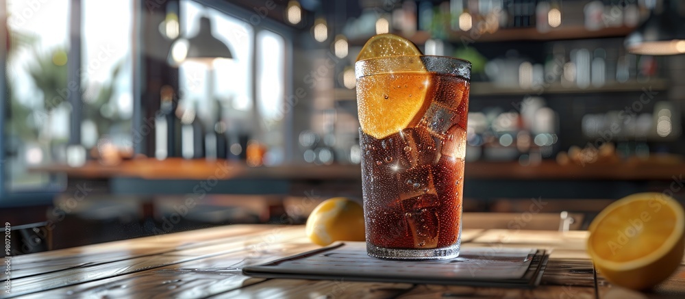 Poster a non alcoholic beverage displayed on a restaurant table with copy space image