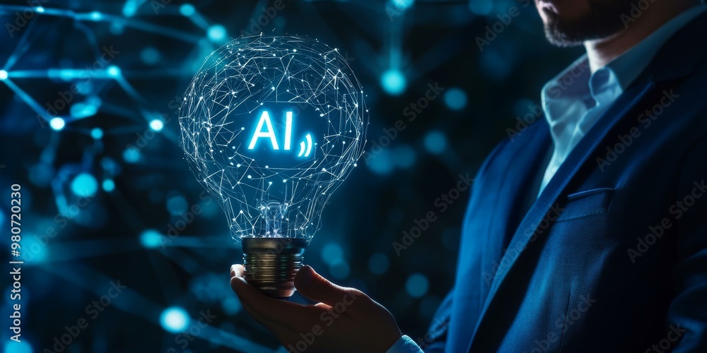 Poster man holding a lightbulb with ai inside.