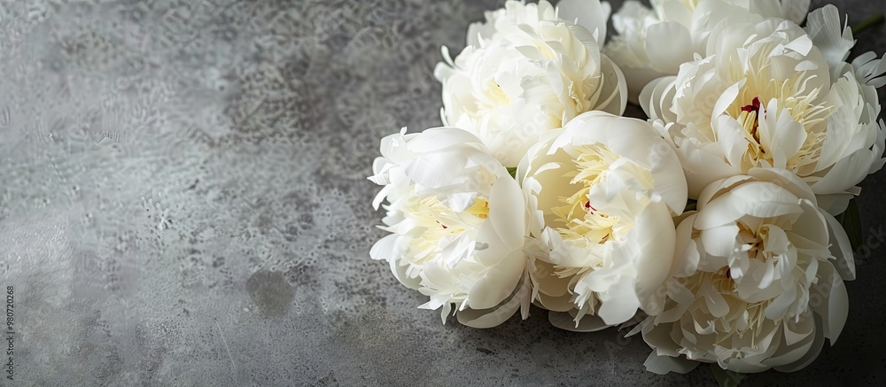 Poster top view of a bouquet of white peonies in craft paper on a grey tabletop with a clear area in the im