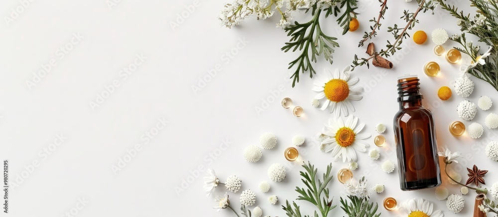 Poster aromatherapy concept with various essential oils dried flowers chamomiles and fir twigs displayed on