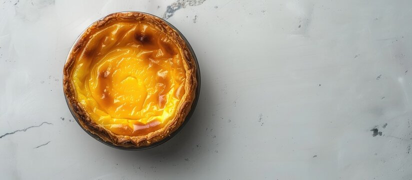 Traditional Portuguese egg custard tart known as pastel de nata displayed in a top view on a gray background with copy space image