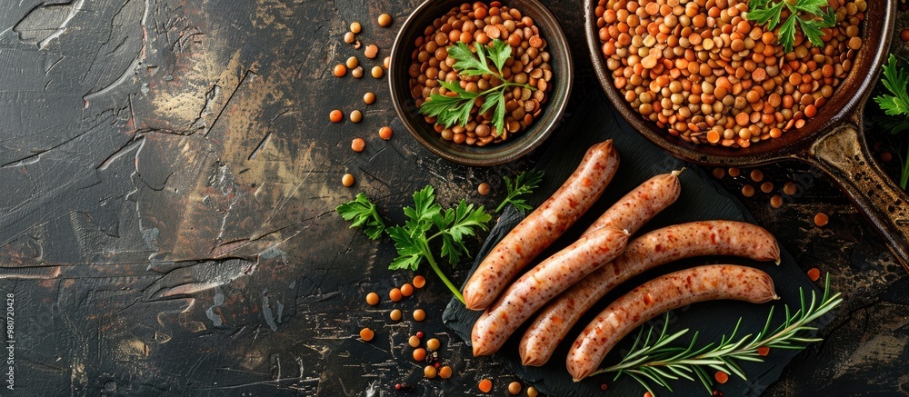 Poster a rustic top view image of lentils with sausages on a table creates a fresh appetizing snack providi