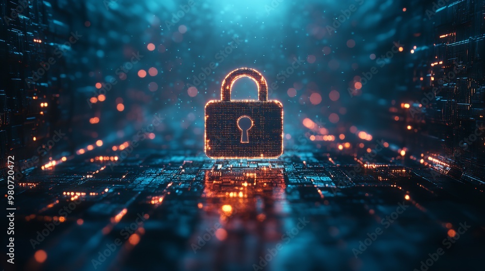 Poster cybersecurity lock symbol inside data center corridor